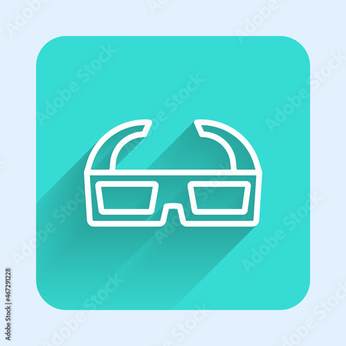 White line 3D cinema glasses icon isolated with long shadow background. Green square button. Vector
