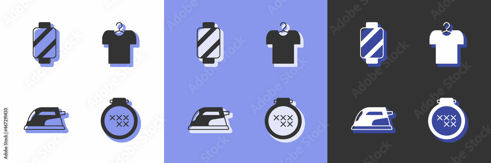 Set Round adjustable embroidery hoop, Sewing thread on spool, Electric iron and T-shirt hanger icon. Vector Set Round adjustable embroidery hoop, Sewing thread on spool, Electric iron and T-shirt hanger icon. Vector