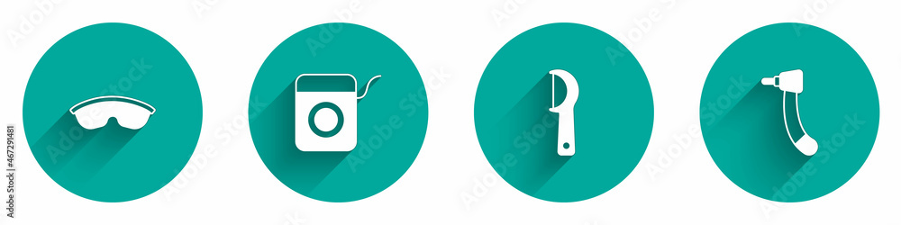 Set Safety goggle glasses, Dental floss, and Tooth drill icon with long shadow. Vector Set Safety goggle glasses, Dental floss, and Tooth drill icon with long shadow. Vector