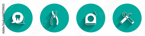 Set Tooth, Dental pliers, floss and mirror and probe icon with long shadow. Vector
