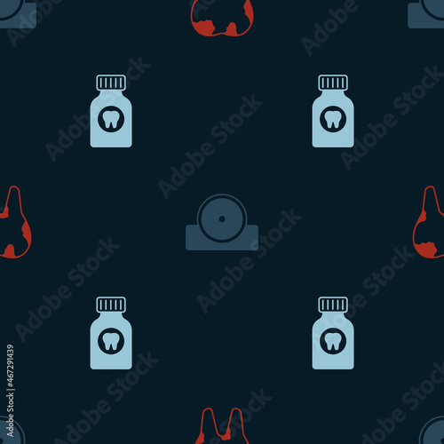 Set Broken tooth, Otolaryngological head reflector and Toothache painkiller tablet on seamless pattern. Vector