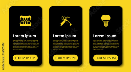Set Dental implant, mirror and probe and Dentures model. Business infographic template. Vector