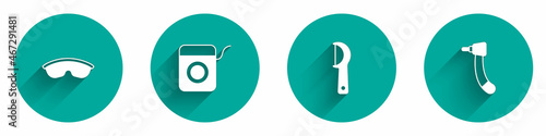 Set Safety goggle glasses, Dental floss, and Tooth drill icon with long shadow. Vector