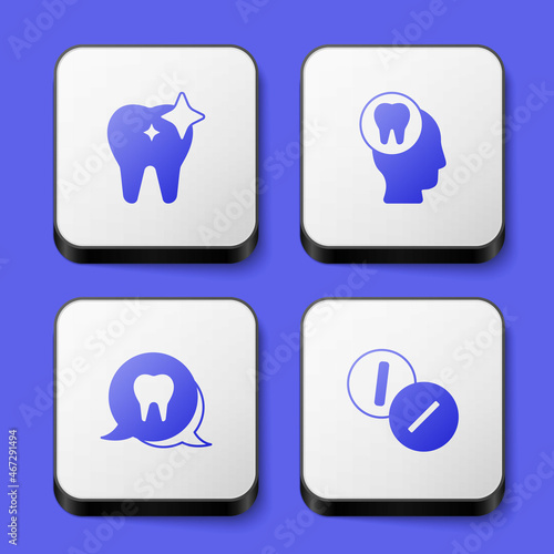Set Tooth whitening, Toothache, and painkiller tablet icon. White square button. Vector