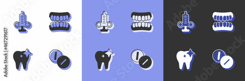 Set Toothache painkiller tablet, Syringe, whitening and Dentures model icon. Vector