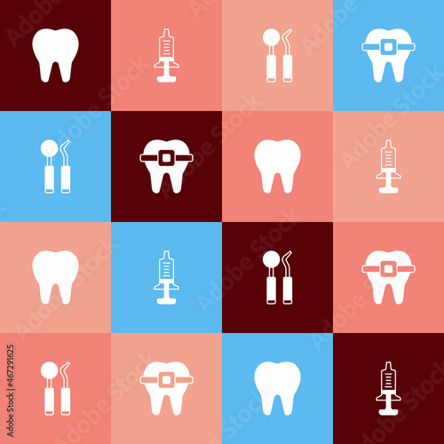 Set pop art Tooth, Syringe, Dental mirror and probe and Teeth with braces icon. Vector
