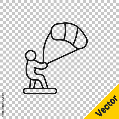 Black line Kitesurfing icon isolated on transparent background. Vector