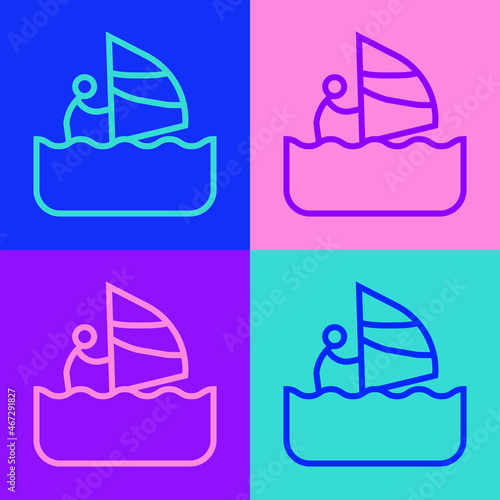 Pop art line Windsurfing icon isolated on color background. Vector