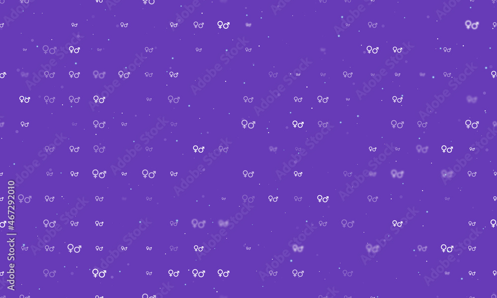 Seamless background pattern of evenly spaced white gender symbols of different sizes and opacity. Vector illustration on deep purple background with stars