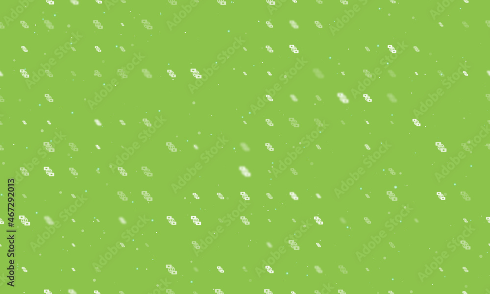 Seamless background pattern of evenly spaced white videoconference symbols of different sizes and opacity. Vector illustration on light green background with stars