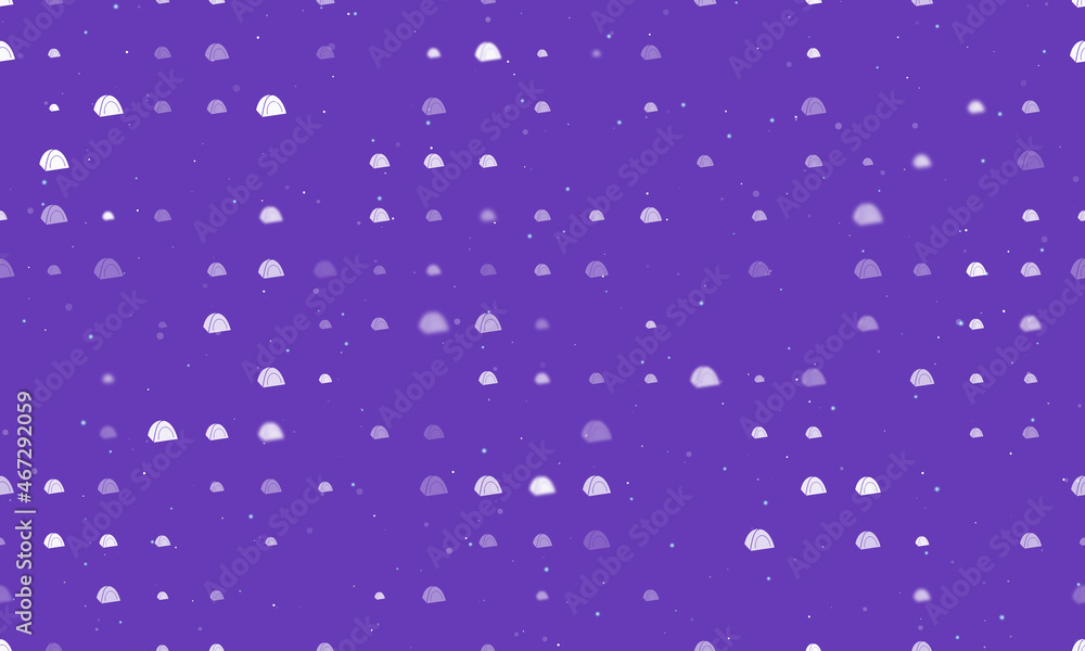 Seamless background pattern of evenly spaced white tourist tents of different sizes and opacity. Vector illustration on deep purple background with stars