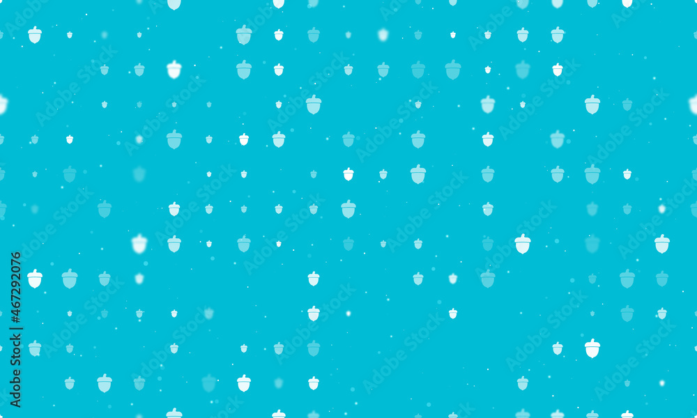 Seamless background pattern of evenly spaced white acorn symbols of different sizes and opacity. Vector illustration on cyan background with stars Seamless background pattern of evenly spaced white acorn symbols of different sizes and opacity. Vector illustration on cyan background with stars