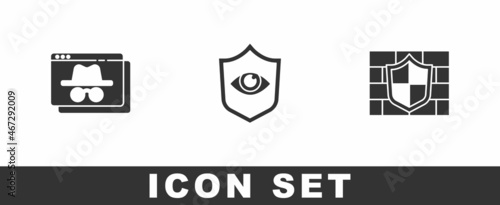 Set Browser incognito window, Shield and eye and with brick wall icon. Vector