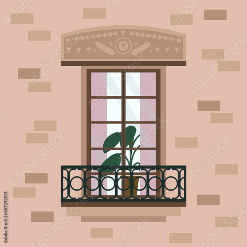 Illustration of colorful wooden window frames. Cartoon architecture design exterior walls of the house. A window on the outside with curtains and a balcony for banner design. Vector illustration