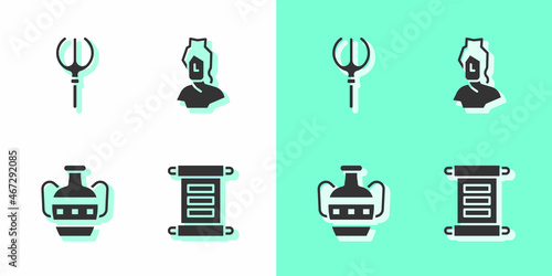 Set Decree, parchment, scroll, Neptune Trident, Ancient amphorae and bust sculpture icon. Vector
