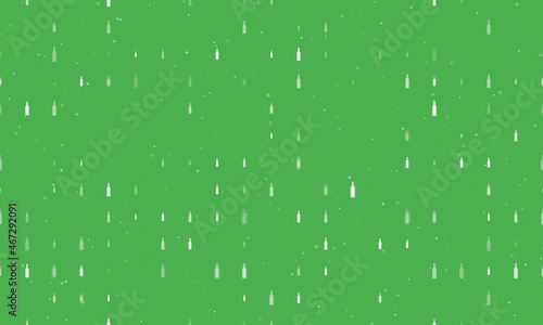 Seamless background pattern of evenly spaced white beer bottle symbols of different sizes and opacity. Vector illustration on green background with stars