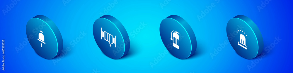 Set Isometric Ringing alarm bell, Fire extinguisher, and hose reel icon. Vector Set Isometric Ringing alarm bell, Fire extinguisher, and hose reel icon. Vector