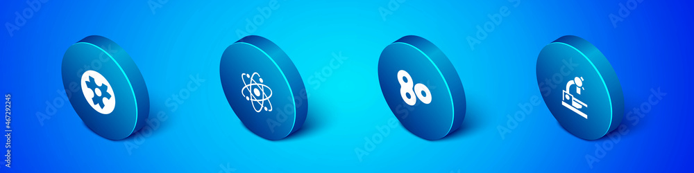 Set Isometric Biohazard symbol, Cell division, Microscope and Atom icon. Vector Set Isometric Biohazard symbol, Cell division, Microscope and Atom icon. Vector