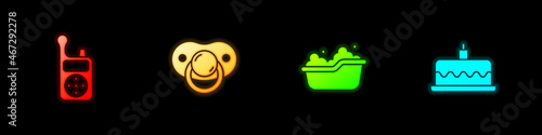 Set Baby Monitor Walkie Talkie, dummy pacifier, bathtub and Cake with burning candles icon. Vector