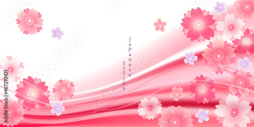 japanese style-春 和風さくらの背景 流れるカーブのライン　グラデーション　華やかな桜のデザイン素材