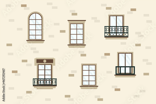 Set of wooden window frames. The architecture of the house, the appearance of the city, the wall of the house. Detailed various colorful windows. Vector illustration