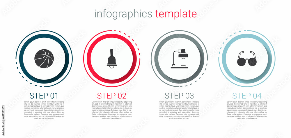 Set Basketball ball, Ringing bell, Table lamp and Glasses. Business infographic template. Vector Set Basketball ball, Ringing bell, Table lamp and Glasses. Business infographic template. Vector