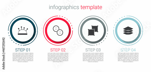 Set Needle bed and needles, Sewing button, Textile fabric roll and Layers clothing textile. Business infographic template. Vector