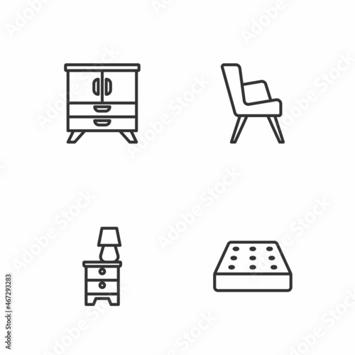 Set line Mattress, Furniture nightstand with lamp, Chest of drawers and Armchair icon. Vector