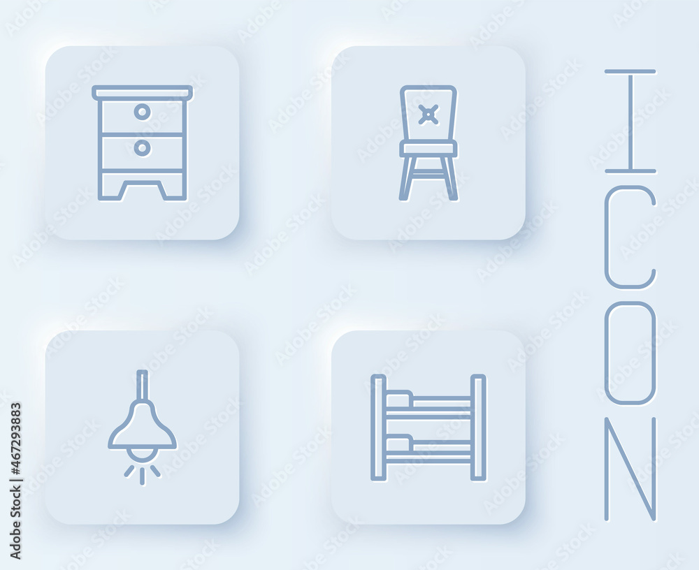 Set line Furniture nightstand, Chair, Lamp hanging and Bunk bed. White square button. Vector Set line Furniture nightstand, Chair, Lamp hanging and Bunk bed. White square button. Vector