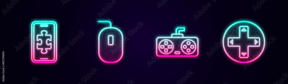 Set line Mobile gaming, Computer mouse, Game controller or joystick and . Glowing neon icon. Vector