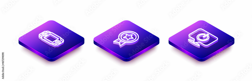 Set Isometric line Portable video game console, Game rating with medal and Power button icon. Vector Set Isometric line Portable video game console, Game rating with medal and Power button icon. Vector