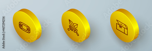 Set Isometric line Portable video game console, Sword for and Chest icon. Vector