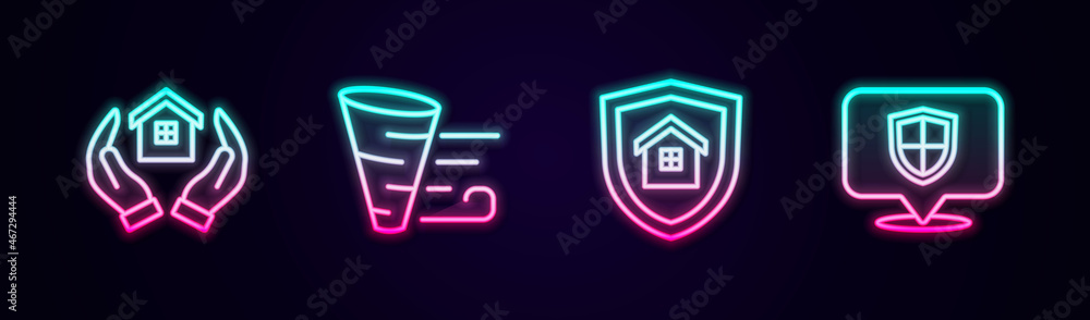 Set line House in hand, Tornado, with shield and Location. Glowing neon icon. Vector Set line House in hand, Tornado, with shield and Location. Glowing neon icon. Vector