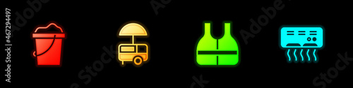 Set Sand in bucket, Fast street food cart, Life jacket and Air conditioner icon. Vector