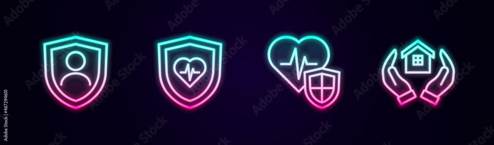 Set line Life insurance with shield, and House hand. Glowing neon icon. Vector
