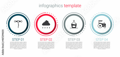 Set Wine corkscrew, Cloud with rain, Old bottle of wine and Tractor. Business infographic template. Vector