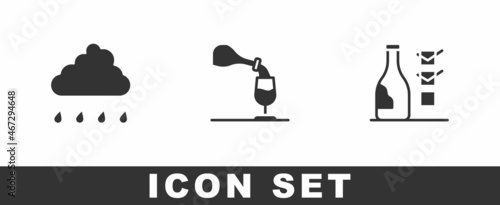 Set Cloud with rain, Wine tasting, degustation and Bottle of wine icon. Vector