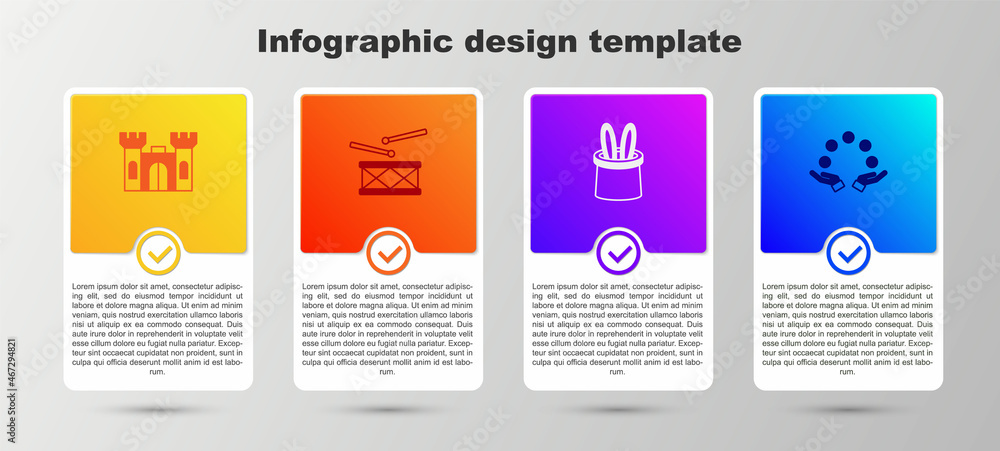 Set Castle, Drum with drum sticks, Magician hat and rabbit ears and Juggling ball. Business infographic template. Vector Set Castle, Drum with drum sticks, Magician hat and rabbit ears and Juggling ball. Business infographic template. Vector