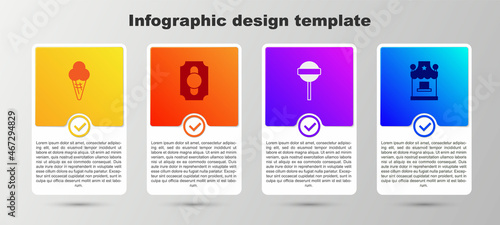 Set Ice cream in waffle cone, Circus ticket, Lollipop and Ticket box office. Business infographic template. Vector