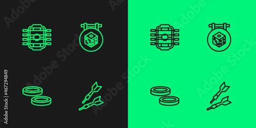 Set line Dart arrow, Checker game chips, Table football and Game dice icon. Vector