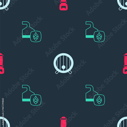Set Bottle opener, Wooden barrel and Beer brewing process on seamless pattern. Vector