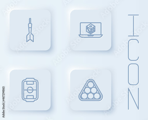 Set line Dart arrow, Game dice, Table football and Billiard balls in triangle. White square button. Vector