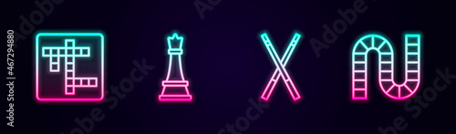 Set line Crossword, Chess, Crossed billiard cues and Board game. Glowing neon icon. Vector