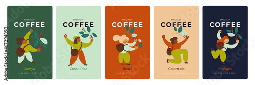 Coffee package design set. Label collection, template for brand packaging hand roasted coffee beans. Vector illustration of happy pickers harvest red berries. Ethiopia, Colombia blend for cappuccino