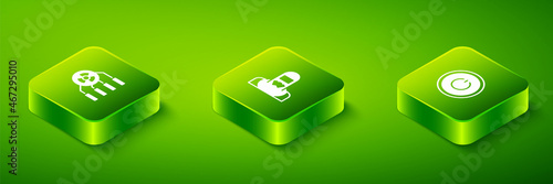 Set Isometric Nuclear reactor worker, Power button and Radioactive icon. Vector