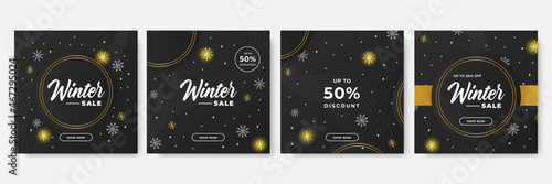 Winter christmas sale post square social media template. Winter sale banner with trees, ribbon, snowflakes and text. design of flyers with discount offers and special seasonal retail promotion.