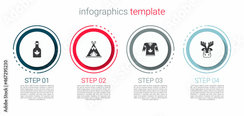 Set Bottle of maple syrup, Indian teepee or wigwam, Hockey jersey and Deer head with antlers. Business infographic template. Vector