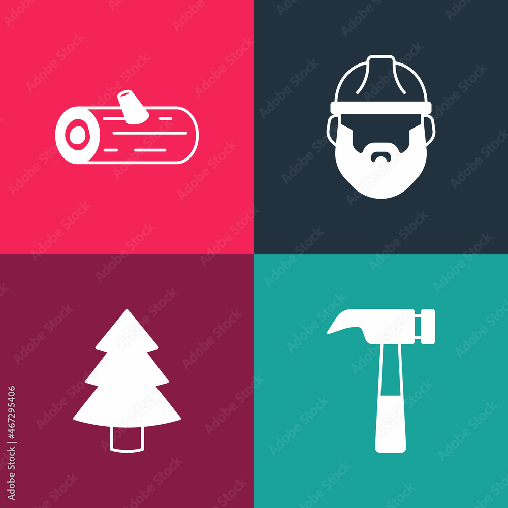 Set pop art Hammer, Christmas tree, Lumberjack and Wooden logs icon. Vector