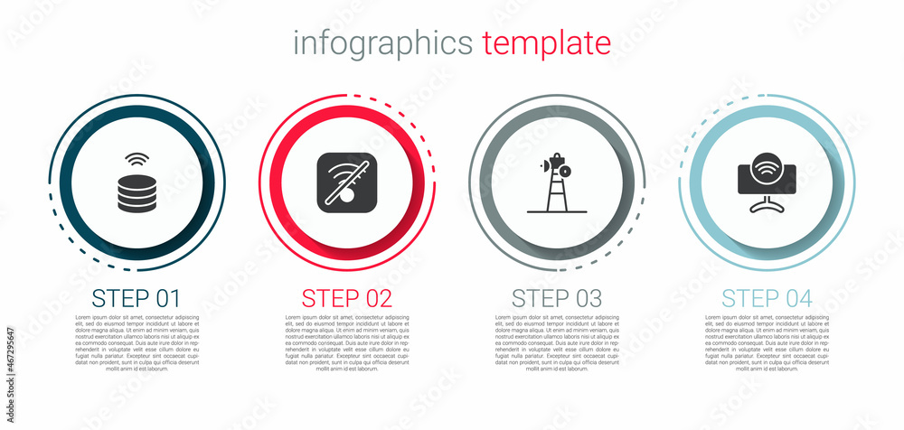 Set Smart data server, No Wi-Fi wireless internet, Satellite dish and Tv system. Business infographic template. Vector Set Smart data server, No Wi-Fi wireless internet, Satellite dish and Tv system. Business infographic template. Vector