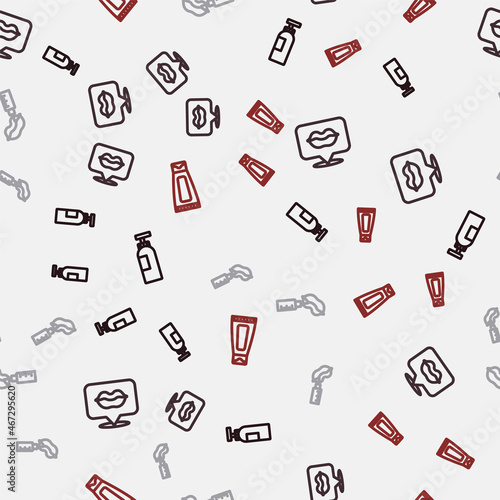 Set line Bottle of shampoo, Smiling lips, Lip augmentation and Cream or lotion cosmetic tube on seamless pattern. Vector